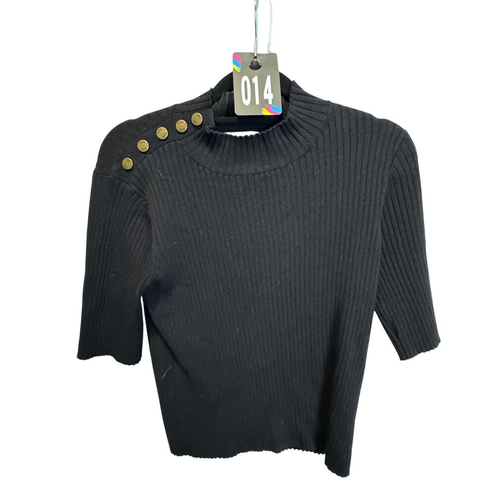Elie Tahari Black Ribbed Minimalist Sweater Gold Button Shoulder Short Sleeve  L